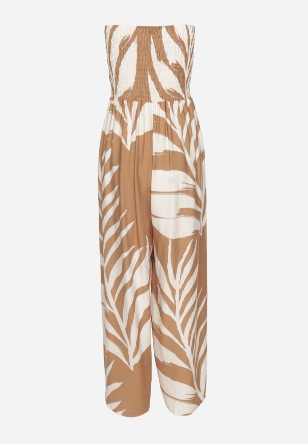 Beżowy Kombinezon z Wiskozą i Lnem Ozdobiony Wzorem LIści Fevisaie