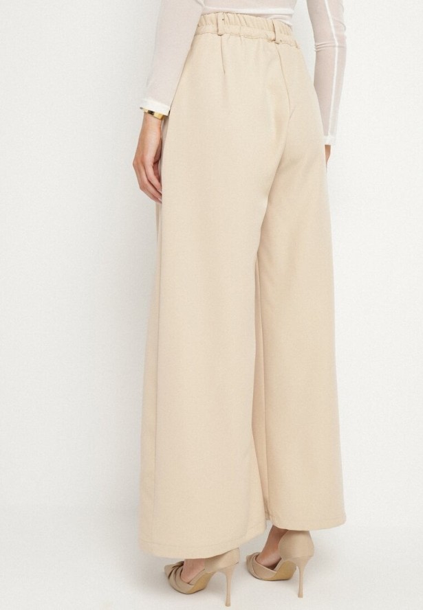 Beżowe Spodnie Garniturowe o Szerokim Kroju z Zakładkami i Wysokim Stanem Ulianeria