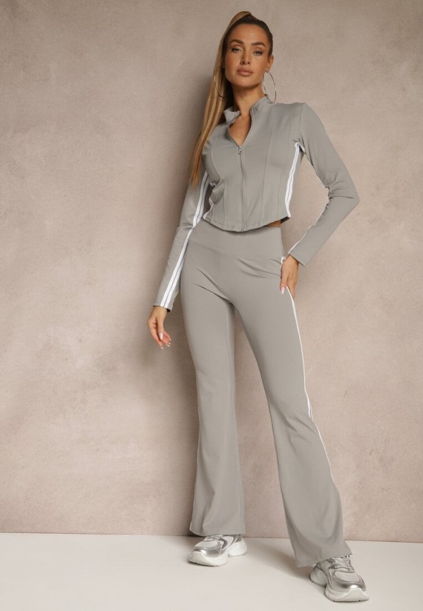 Jasnoszary Komplet Sportowy Spodnie Dzwony i Bluza na Suwak Lumonise