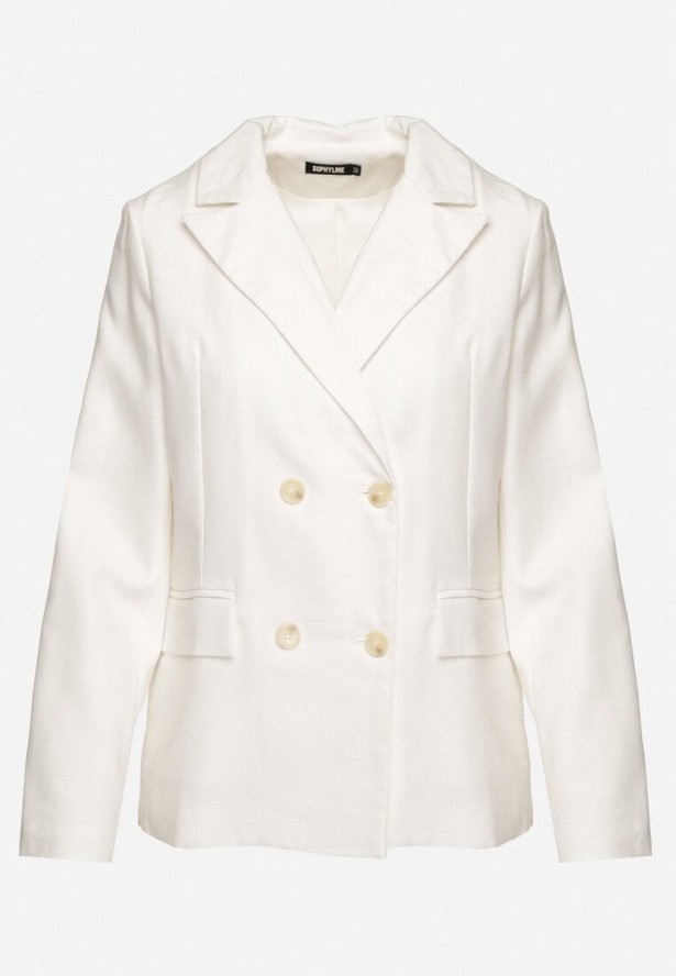 Biała Dwurzędowa Marynarka z Lnem Bawełną i Imitacją Kieszeni Fenarosa