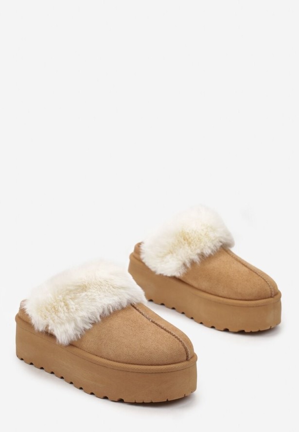 Brązowe Kapcie na Platformie z Futerkiem Sylva