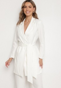 Biała Marynarka Sukienkowa z Paskiem i Usztywnionymi Ramionami Etinella