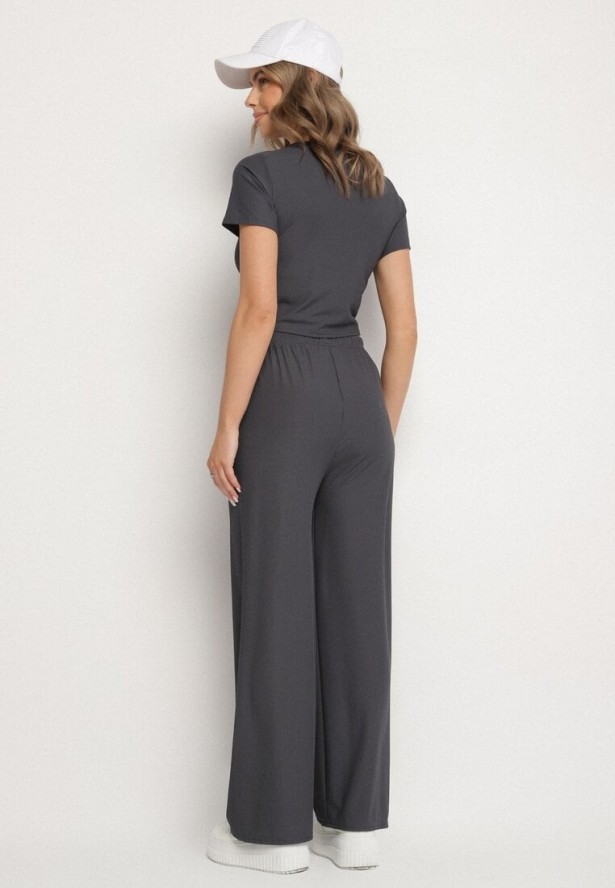 Ciemnoszary Komplet Top ze Ściągaczem Spodnie z Szerokimi Nogawkami i Gumką w Pasie Rolana