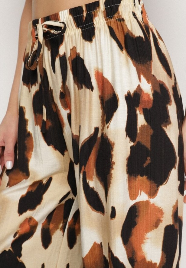 Beżowe Spodnie z Wiskozy o Szerokim Kroju z Wysokim Stanem w Panterkę Zelmara