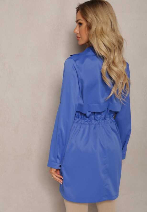 Granatowa Kurtka w Stylu Parki z Troczkiem w Talii i Wywiniętym Kołnierzykiem Vetaipa