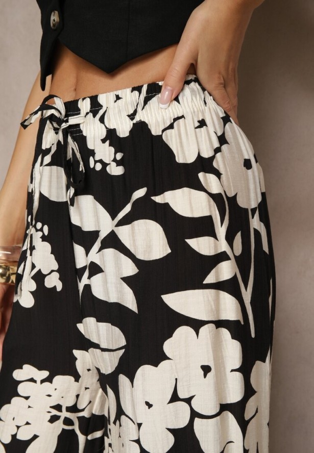 Czarne Szerokie Spodnie z Wiskozy High Waist w Kwiatowy Wzór Elaneora