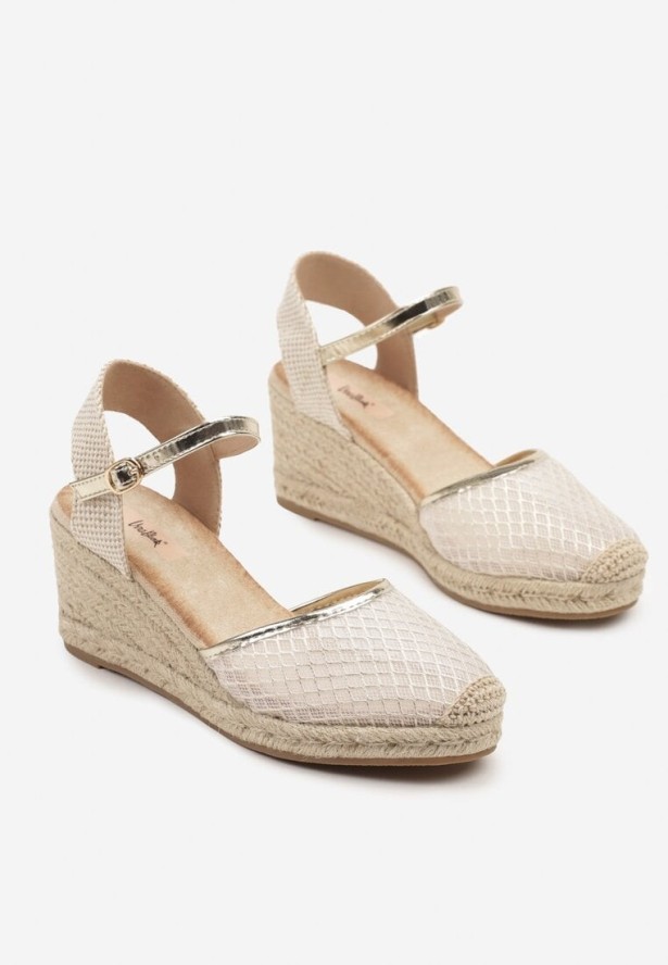Złote Sandały Espadryle na Koturnie z Plecionki z Siateczką Meranisea