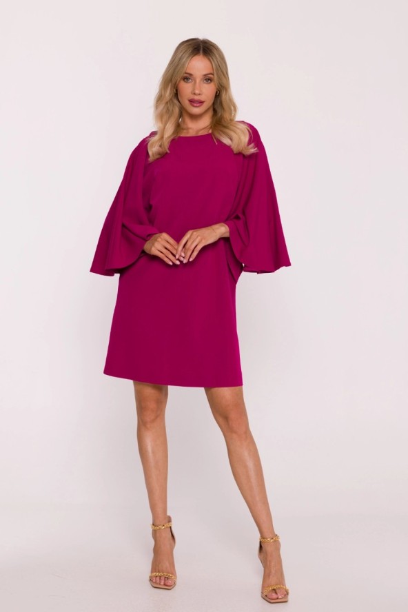 Elegancka sukienka trapezowa z bufiastymi rękawami fiolet