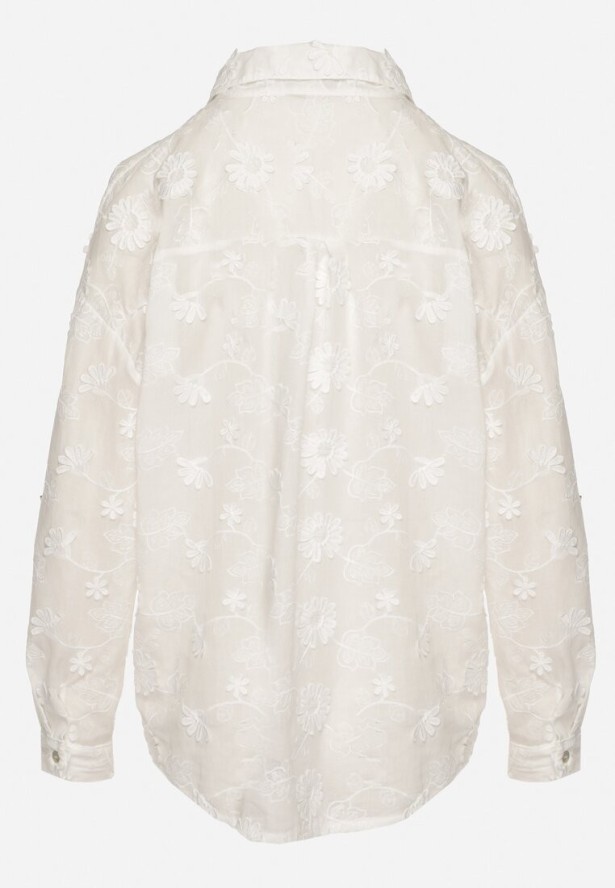 Biała Koszula Oversize z Bawełny Zdobiona Kwiatowym Haftem Reinoviel