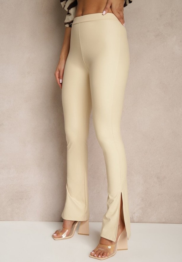 Beżowe Spodnie Dzwony z Ekoskóry High Waist Ellimaya