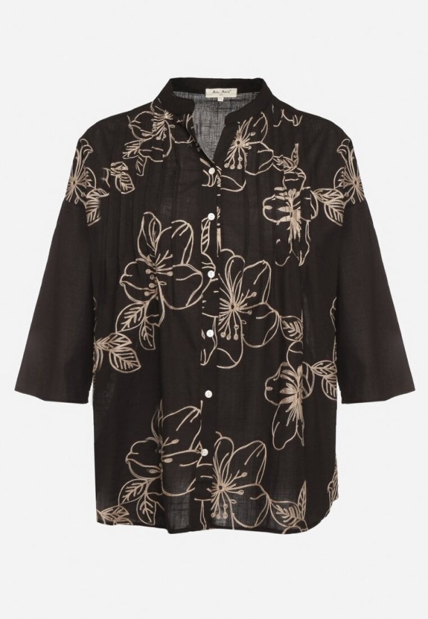Czarna Koszula z Bawełną w Haftowane Kwiaty Tolarea