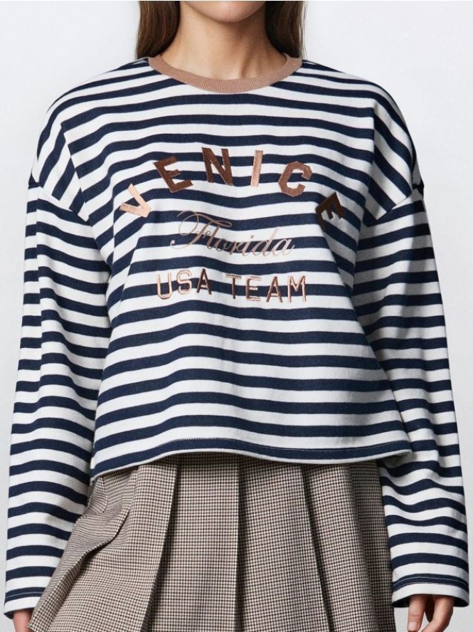 Bluzka w paski z napisem - granatowy