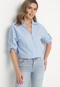Jasnoniebieska Koszula Bawełniana w Delikatne Prążki Lissse