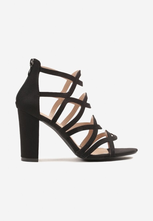 Czarne Ozdobne Sandały Vices na Słupkowym Obcasie ze Skórzaną Wkładką Sesilla