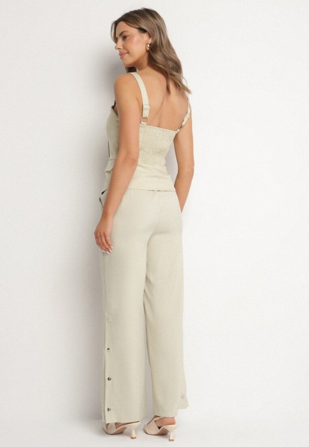 Jasnozielony Komplet Garniturowy Dwurzędowy Top i Spodnie Normoi