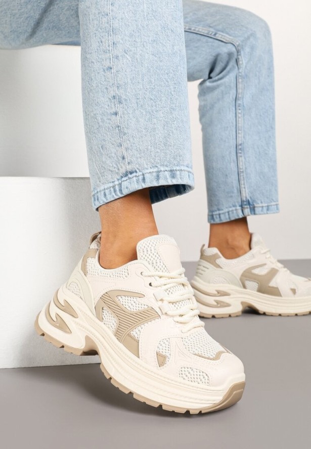 Beżowe Sneakersy na Platformie z Tłoczeniem i Geometrycznym Wzorem Melvila