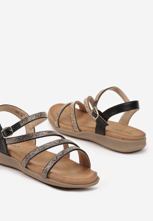 Czarne Sandały z Ozdobnymi Paskami z Cyrkoniami Jasiren