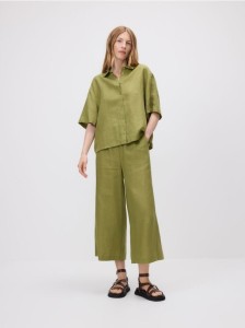 Lniane spodnie culotte - oliwkowy