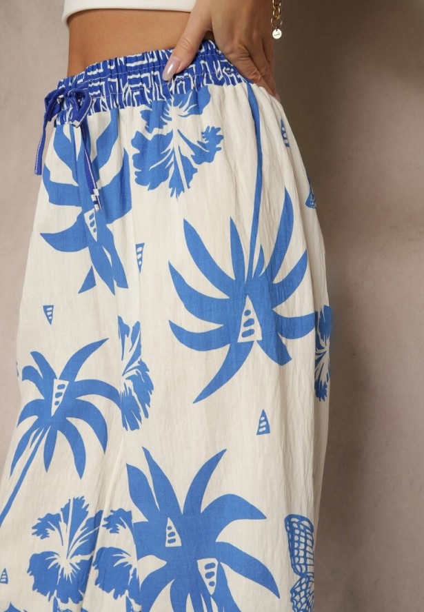 Niebieskie Szerokie Spodnie z Gumką w Pasie w Stylu Boho Evirami