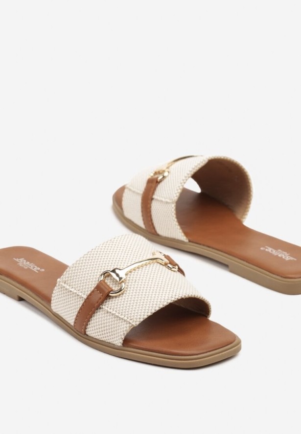 Brązowo-Beżowe Klapki Ozdobione Metalową Klamrą Ridithea