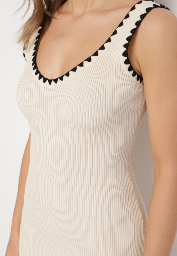 Beżowa Sukienka Dzianinowa o Taliowanym Kroju na Ramiączkach z Lamówką Zenlimi