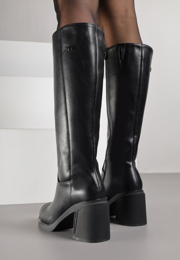 Czarne Kozaki VICES na Słupku ze Skóry Naturalnej Fezenna