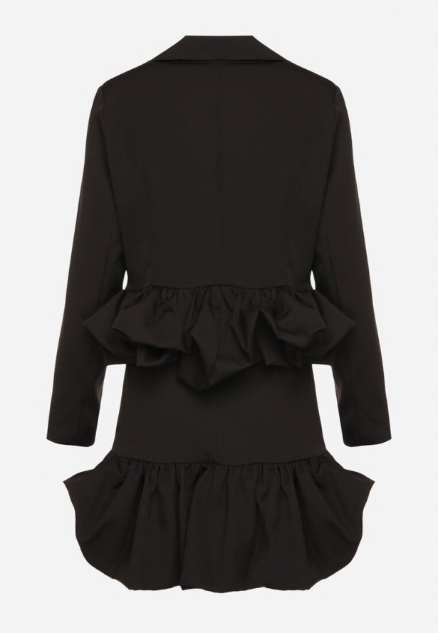 Czarny Komplet Garniturowy Zdobiony Falbanami Marynarka i Spódnico-Spodenki Voelia