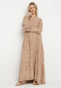 Beżowa Sukienka Rozkloszowana z Koszulową Górą z Wzorem Etno Ronitta
