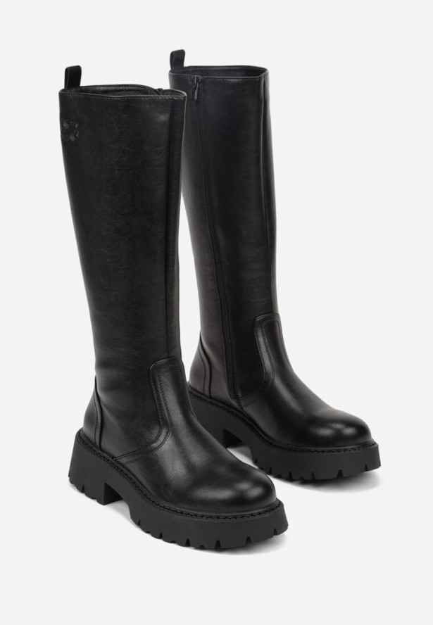 Czarne Kozaki VICES na Platformie z Tłoczonym Zdobieniem przy Cholewce Uniresa