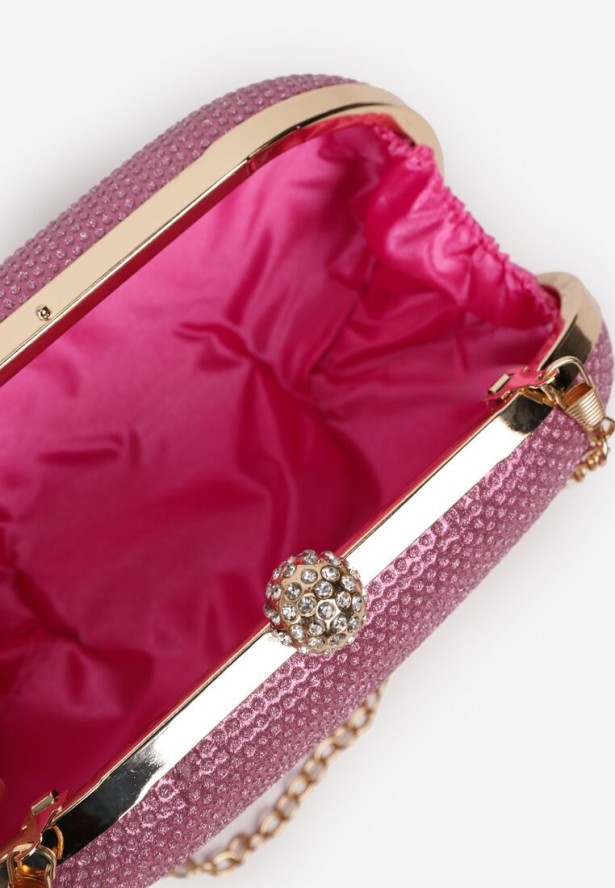 Różowa Cyrkoniowa Torebka Kopertówka z Jedną Komorą z Łańcuszkiem Ostama