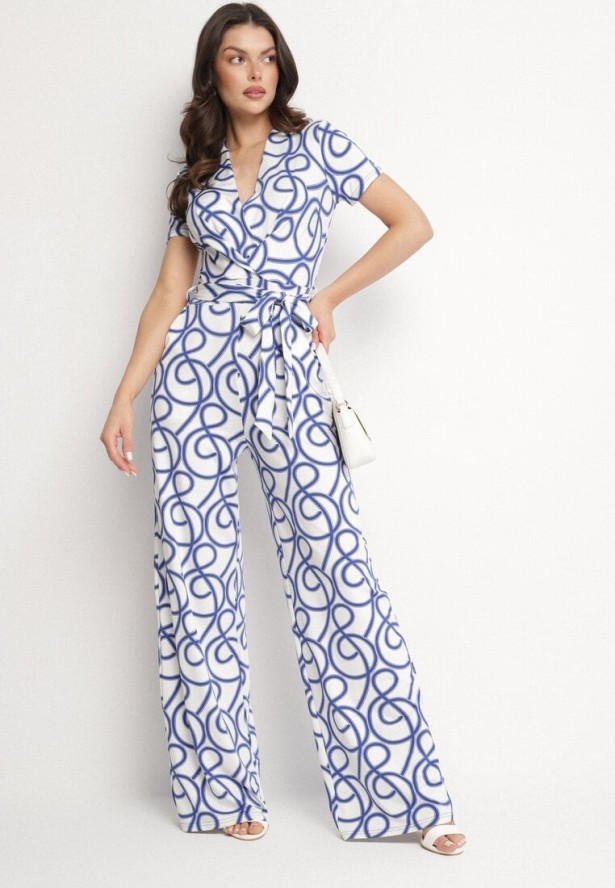 Niebieski Kombinezon z Wiskozą o Kopertowym Kroju w Abstrakcyjny Wzór Evivira