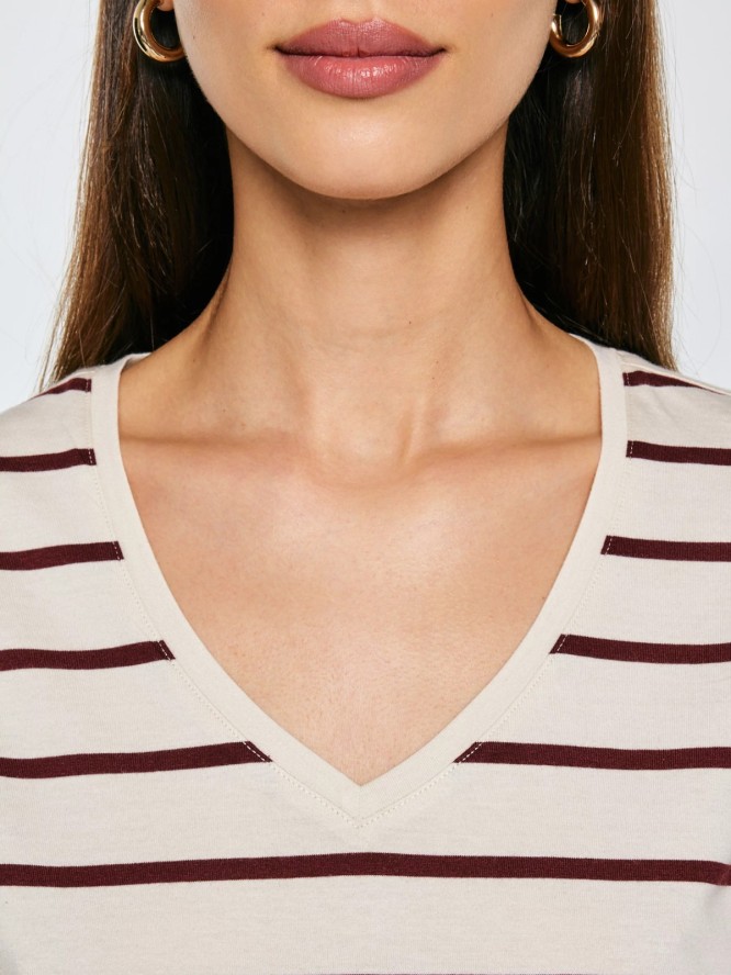 Koszulka damska z dekoltem v-neck w paski kremowa Retina 103