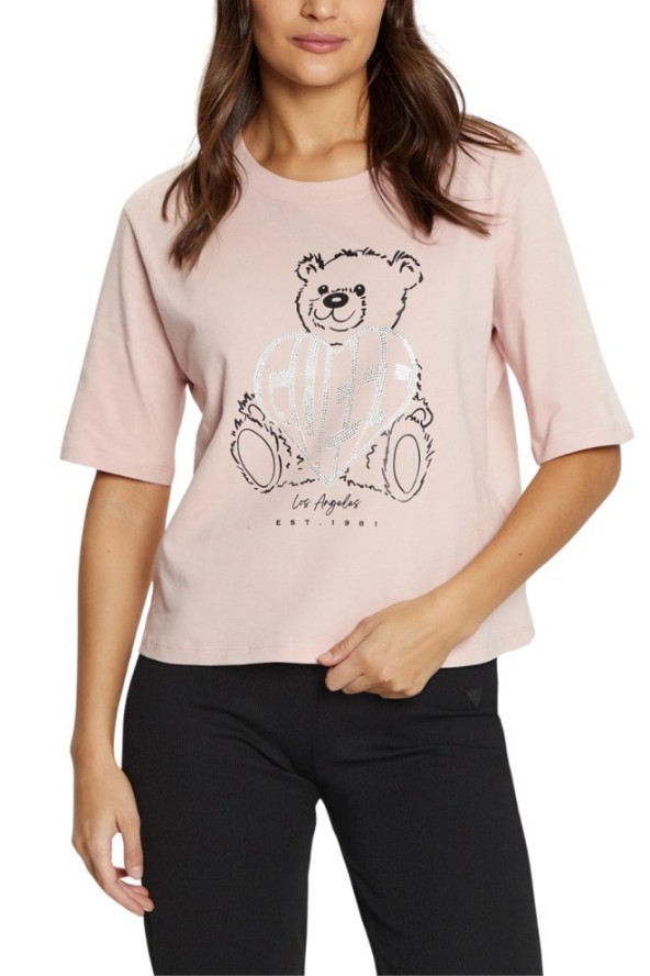 GUESS Różowy t-shirt damski Bear Boxy, Rozmiar L