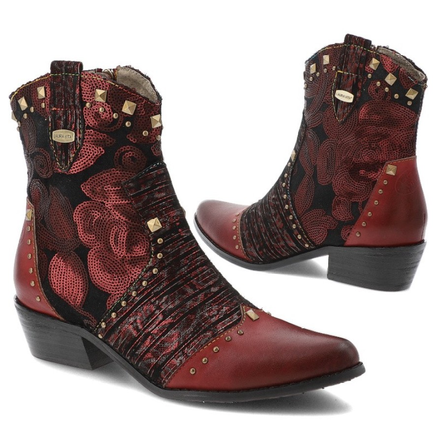 Botki damskie Laura Vita, kowbojki skórzane we wzorki z noskiem w szpic za kostkę i na klocku, granatowe, Hicnio-20