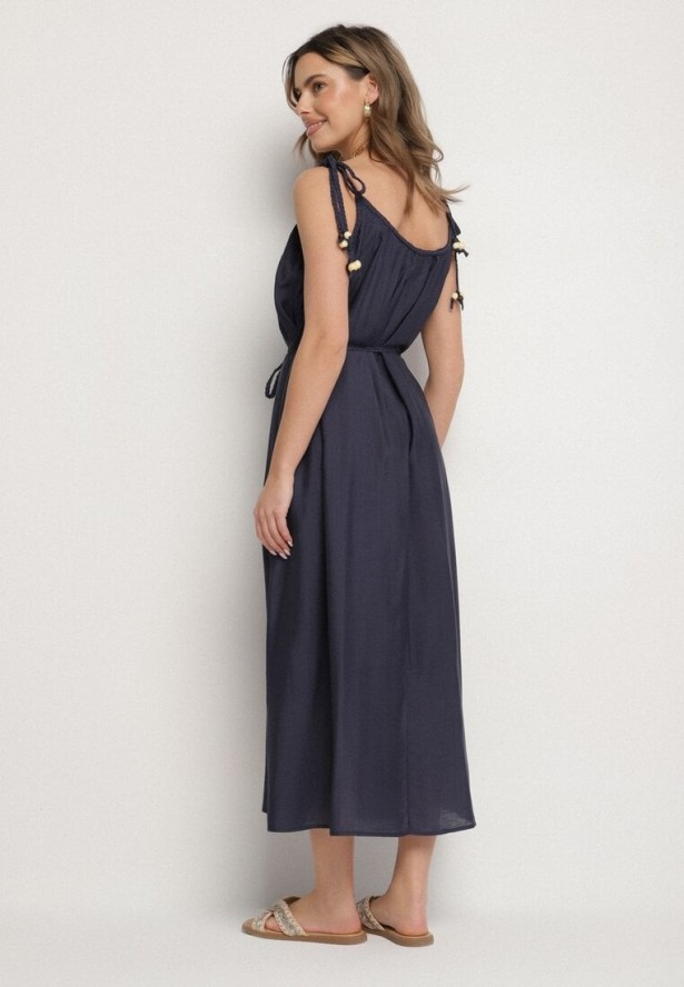 Granatowa Sukienka z Wiskozy na Wiązanych Ramiączkach z Plecionym Paskiem Mirazelia