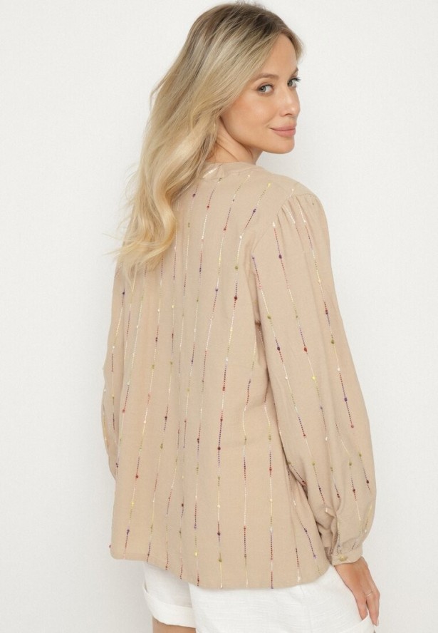 Beżowa Bluzka Koszulowa z Bawełny z Dekoltem w Serek i Haftem Palanenna
