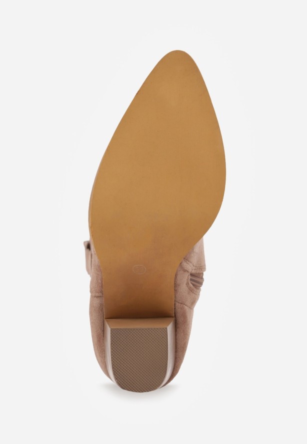 Ciemnobeżowe Botki Typu Kowbojki VICES na Obcasie z Ażurową Cholewką Eranata