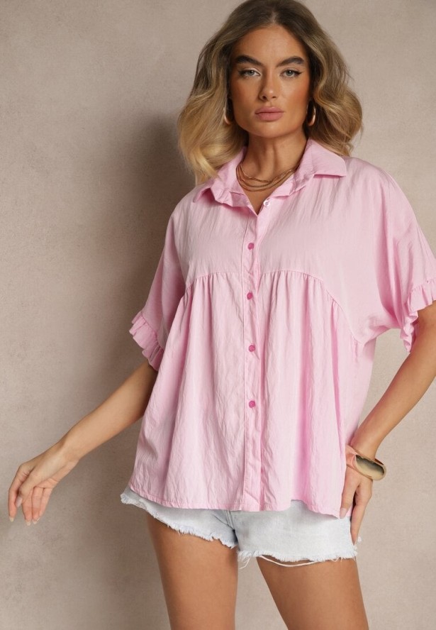 Różowa Koszula z Wiskozą Ozdobiona Falbankami Oleldi