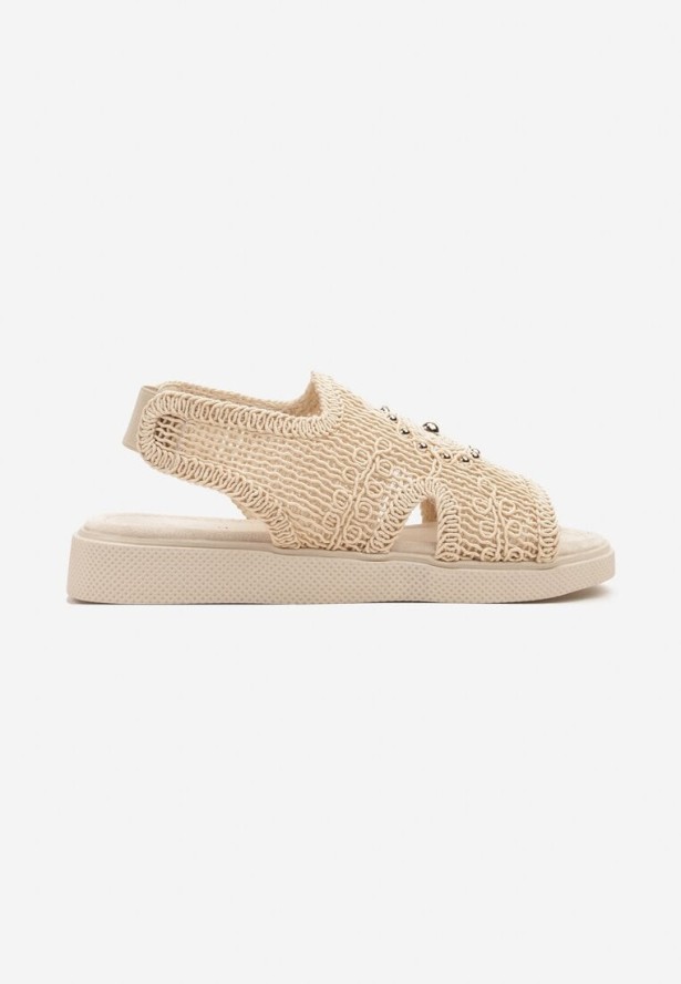 Beżowe Szydełkowe Sandały z Elastycznym Paskiem i Metaliczną Aplikacją Mailisa