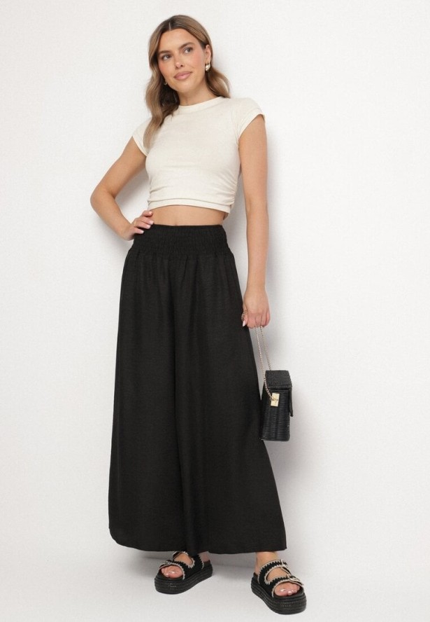 Czarne Spodnie Szerokie z Szeroką Gumką w Talii Koririelle