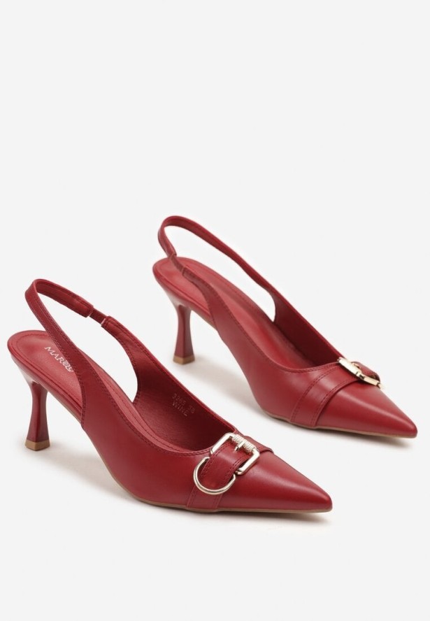 Bordowe Sandały na Szpilce Bez Pięty z Metaliczną Klamrą Polliviana