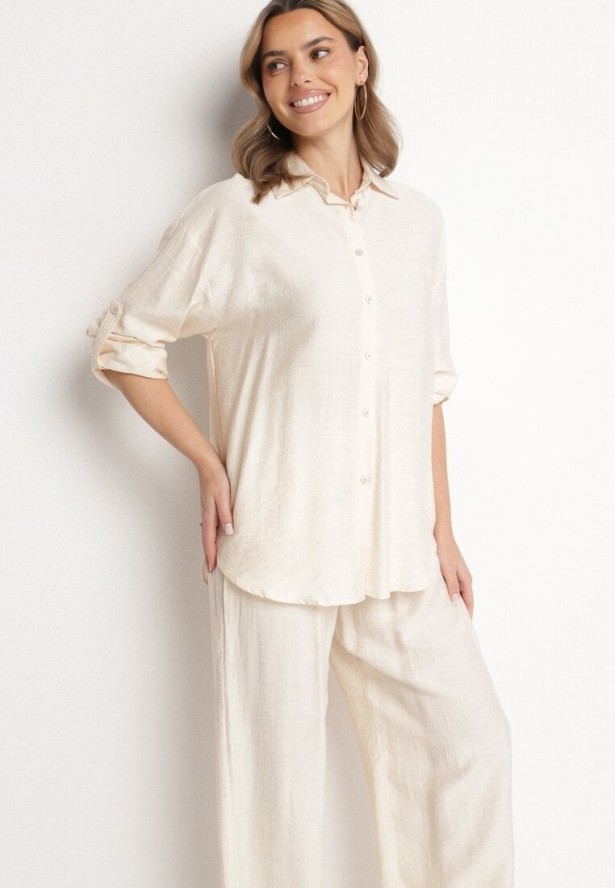 Jasnobeżowy Komplet z Wiskozy Koszula i Spodnie Sesanila