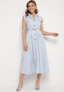 Niebieska Sukienka Koszulowa Ozdobiona Paskiem Devikka
