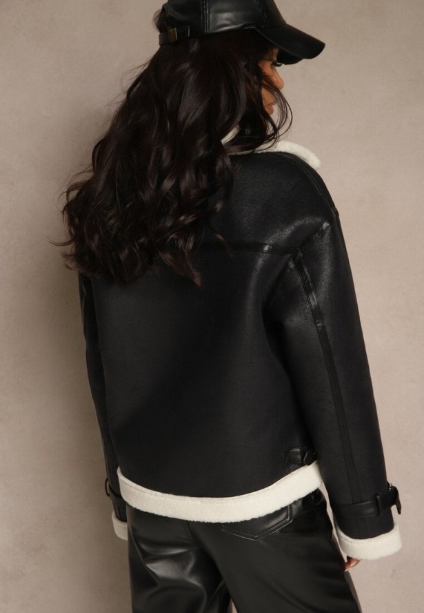 Czarna Kurtka Ramoneska w Stylu Biker z Kożuszkiem i Sprzączkami Mendrie