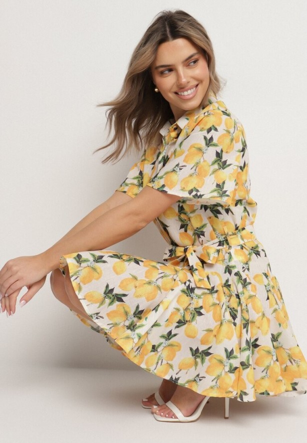 Beżowa Sukienka Koszulowa o Rozkloszowanym Kroju z Wiązanym Paskiem Laviliona