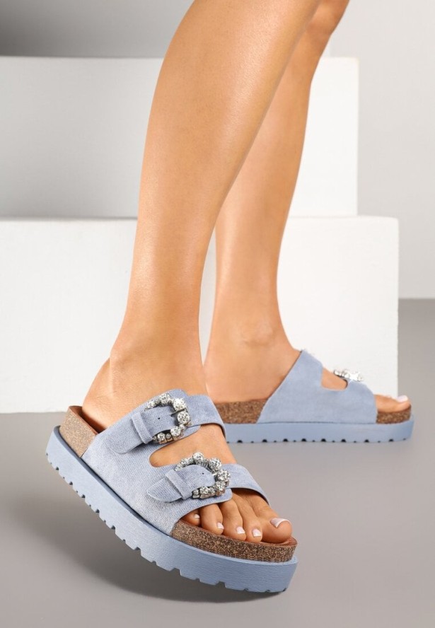 Niebieskie Klapki na Platformie z Korka Ozdobione Cyrkoniami Orrisca