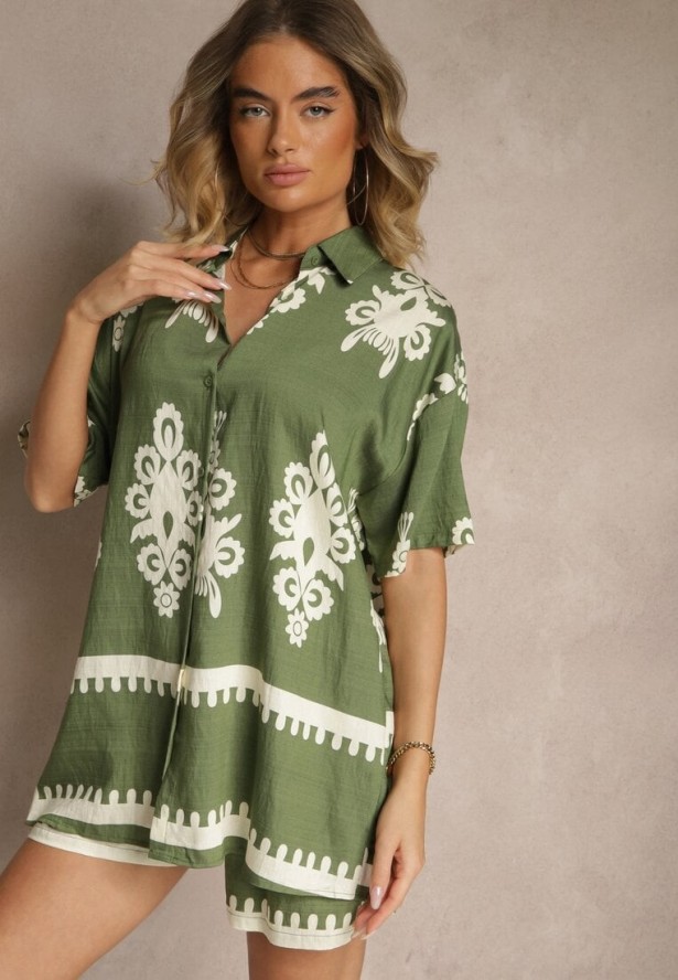 Ciemnozielony Komplet z Rustykalnym Wzorem z Szortami i Koszulą Tosnea