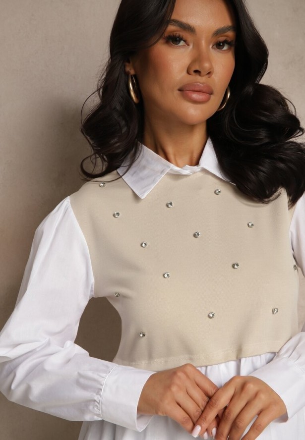 Beżowa Koszulowa Bluzka z Wiskozą o Rozkloszowanym Kroju z Wszytą Kamizelką Uliadorella