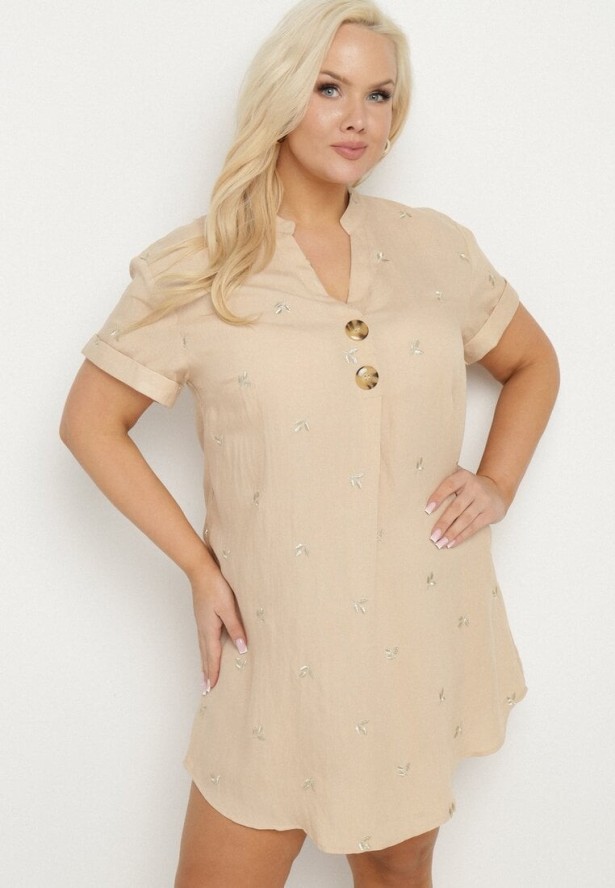 Beżowa Bawełniana Tunika z Ozdobnymi Guzikami i Naszywkami Sovozi