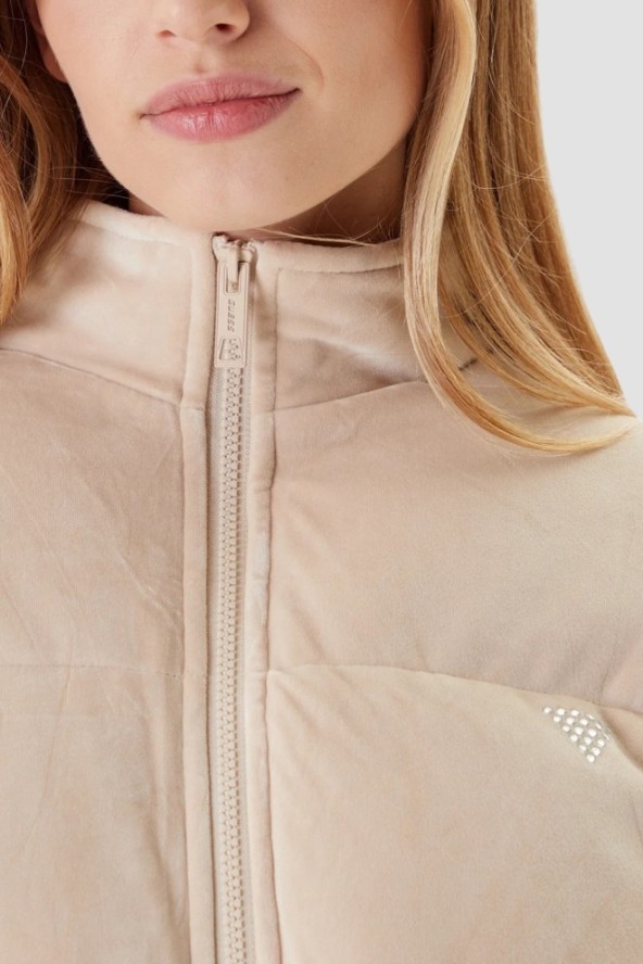 GUESS Beżowa zamszowa damska kurtka Couture Puffer, Rozmiar L